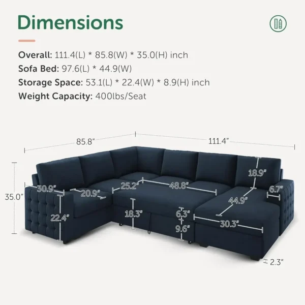 Sectional Sleeper Sofa with Pull Out Bed U-Shape Sectional Couch Sleeper Bed with Storage Chaise Lounge Living Room 6 Seater 