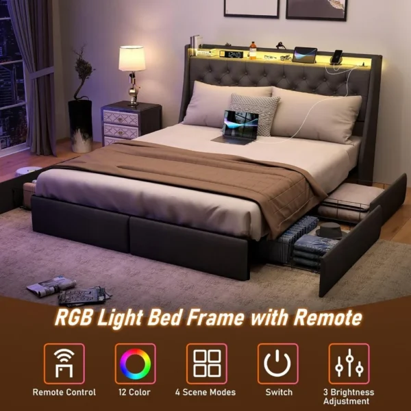 queen size metal bed frame with storage headboard, 4 drawers, led lights, and charging station