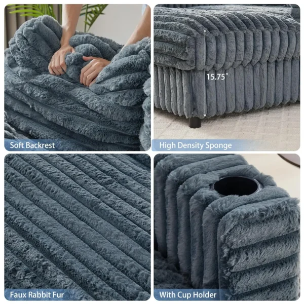 63&rdquo; Plush Faux Rabbit Fur Chaise Loveseat with Charging Station & Cup Holder and Pillows, Upholstered Corduroy Chaise Loveseat