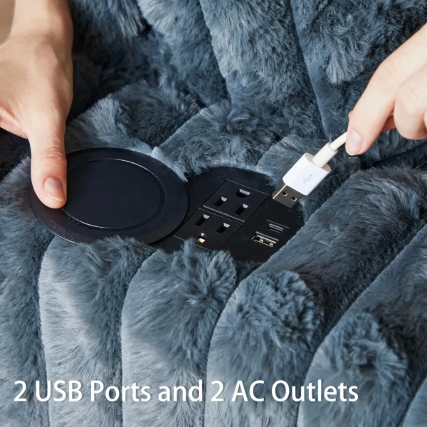 63&rdquo; Plush Faux Rabbit Fur Chaise Loveseat with Charging Station & Cup Holder and Pillows, Upholstered Corduroy Chaise Loveseat