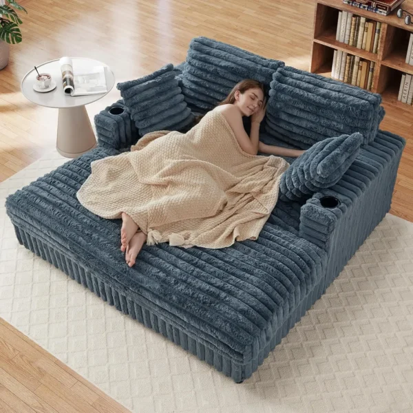 63&rdquo; Plush Faux Rabbit Fur Chaise Loveseat with Charging Station & Cup Holder and Pillows, Upholstered Corduroy Chaise Loveseat