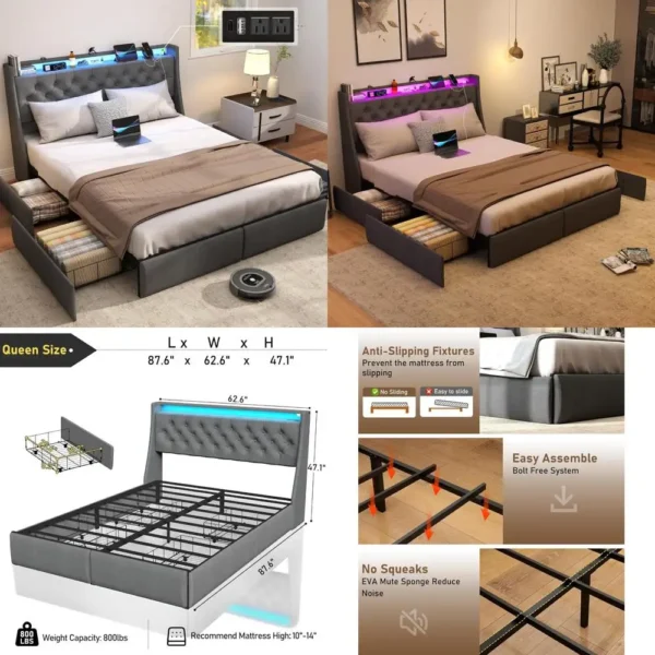 queen size metal bed frame with storage headboard, 4 drawers, led lights, and charging station