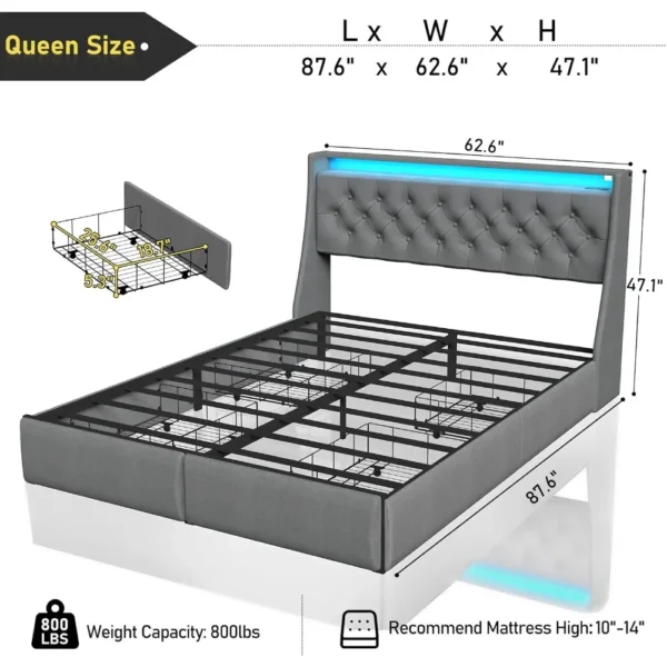 queen size metal bed frame with storage headboard, 4 drawers, led lights, and charging station
