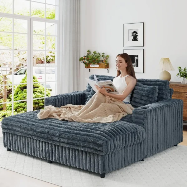 63&rdquo; Plush Faux Rabbit Fur Chaise Loveseat with Charging Station & Cup Holder and Pillows, Upholstered Corduroy Chaise Loveseat