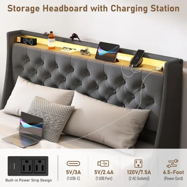 queen size metal bed frame with storage headboard, 4 drawers, led lights, and charging station