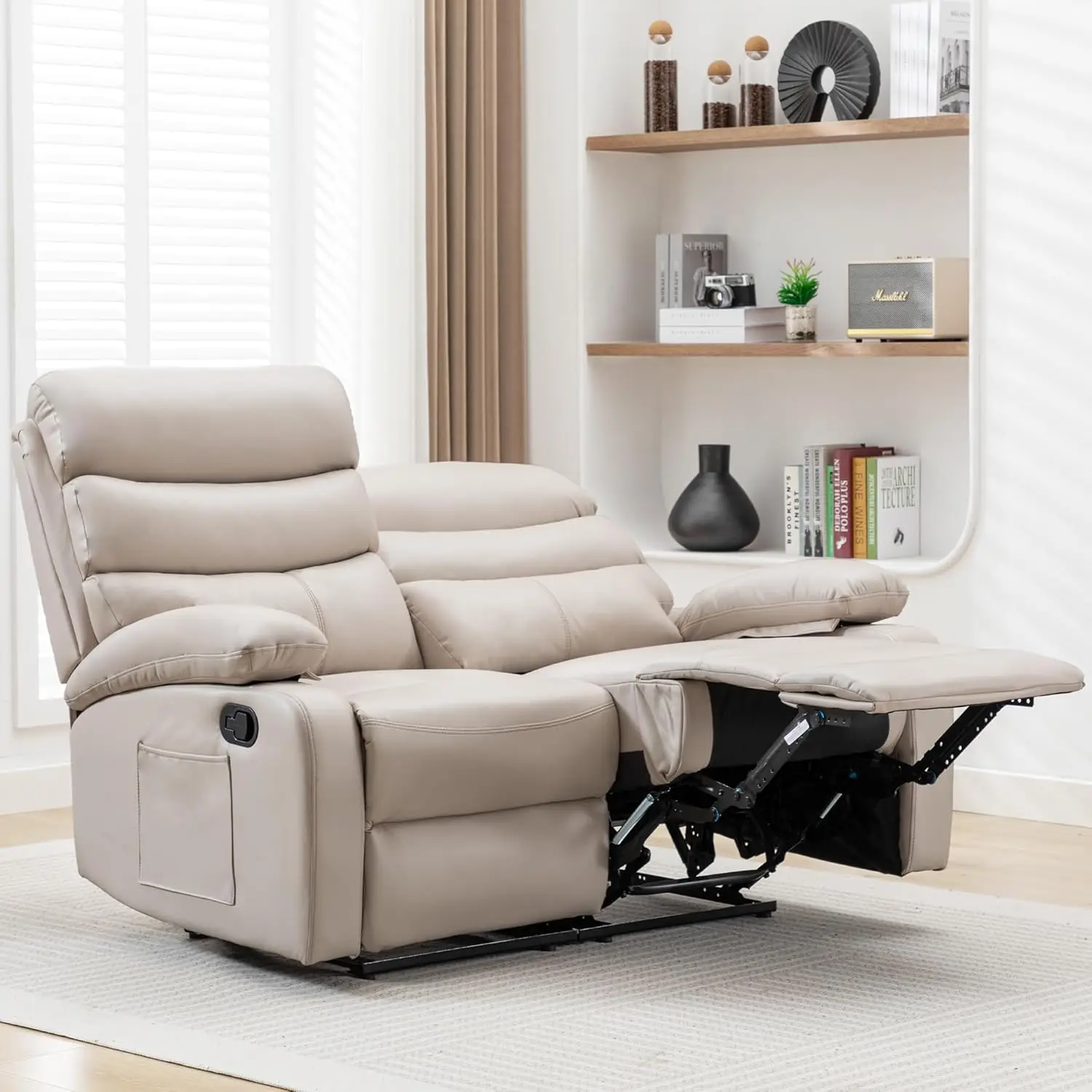 Double Recliner Leather Loveseat Wall Hugger Power Recline Living Room RV Home Theater 2 Seat Beige Customized 