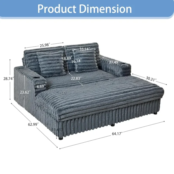 63&rdquo; Plush Faux Rabbit Fur Chaise Loveseat with Charging Station & Cup Holder and Pillows, Upholstered Corduroy Chaise Loveseat
