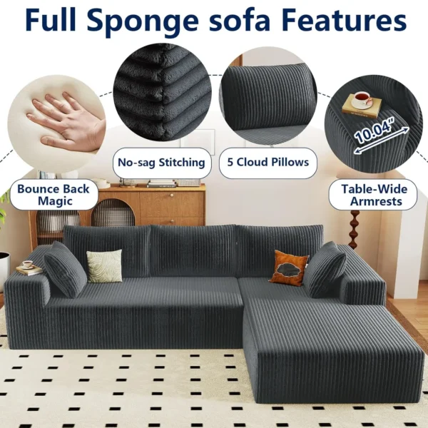 96&Prime; Modular Sectional Sofa Deep Seat Corduroy L-Shape 3-Seater Living Room Right Chaise Dark Grey, Customized