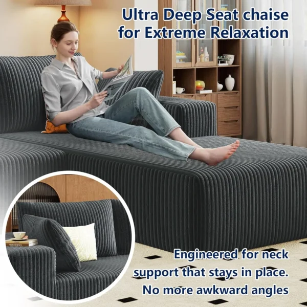 96&Prime; Modular Sectional Sofa Deep Seat Corduroy L-Shape 3-Seater Living Room Right Chaise Dark Grey, Customized