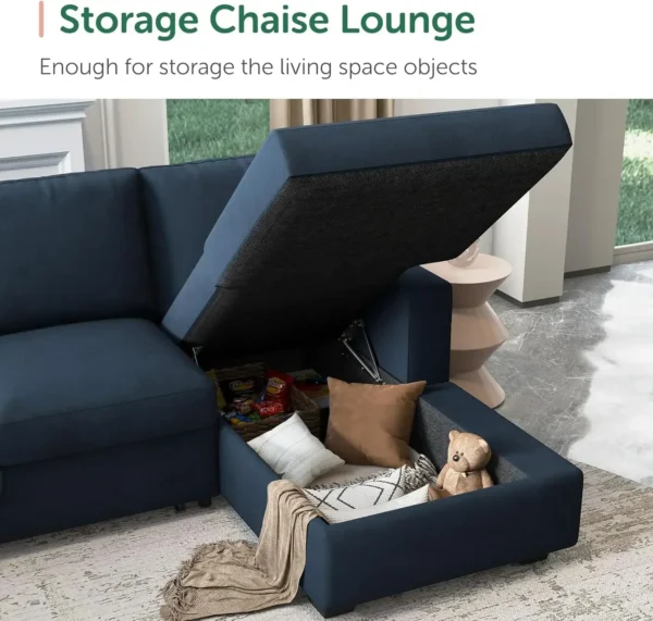 Sectional Sleeper Sofa with Pull Out Bed U-Shape Sectional Couch Sleeper Bed with Storage Chaise Lounge Living Room 6 Seater 