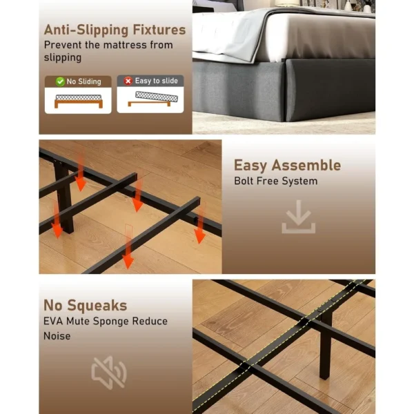 queen size metal bed frame with storage headboard, 4 drawers, led lights, and charging station