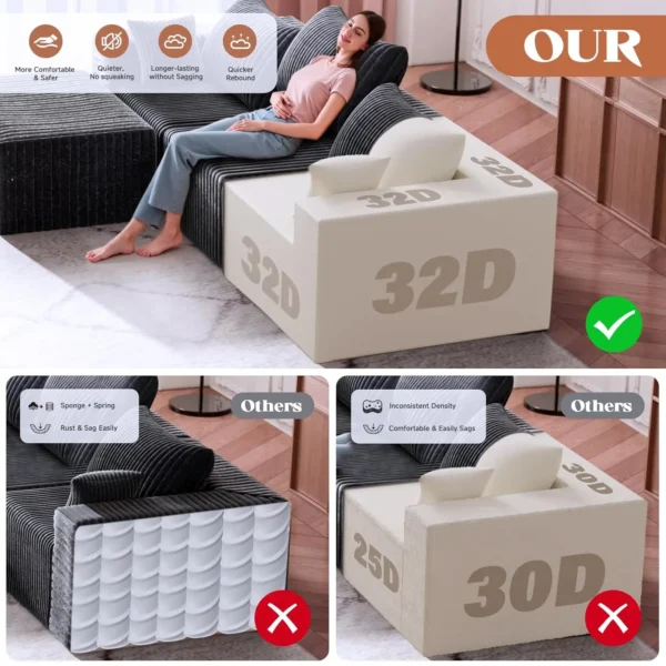 110&Prime; L-Shape Sleeper Sectional, Corduroy Modular Fluffy Couch for Living Room Bedroom Apt, 4 Seats, Grey, Customized