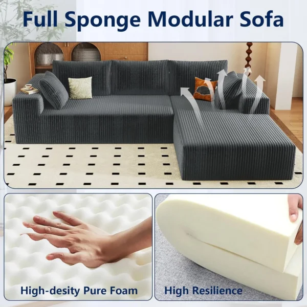 96&Prime; Modular Sectional Sofa Deep Seat Corduroy L-Shape 3-Seater Living Room Right Chaise Dark Grey, Customized