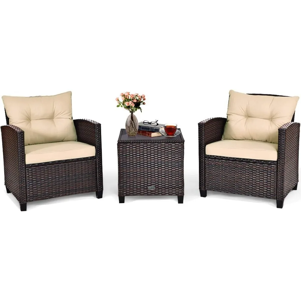 3 Pieces Patio Furniture Set PE Rattan Wicker Outdoor Sofa Set with Washable Cushion and Tempered Glass Tabletop Conversation 