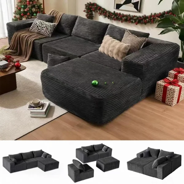 110&Prime; L-Shape Sleeper Sectional, Corduroy Modular Fluffy Couch for Living Room Bedroom Apt, 4 Seats, Grey, Customized