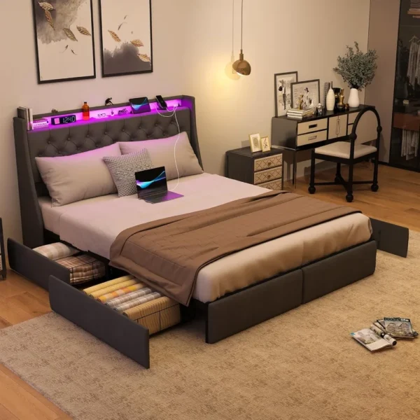 queen size metal bed frame with storage headboard, 4 drawers, led lights, and charging station