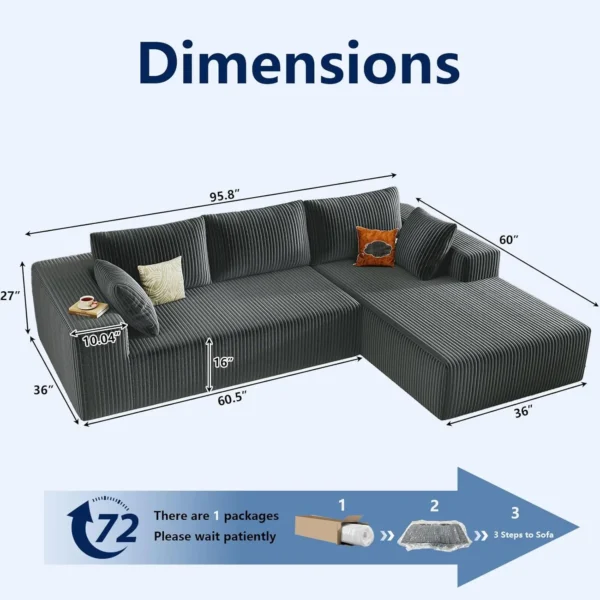 96&Prime; Modular Sectional Sofa Deep Seat Corduroy L-Shape 3-Seater Living Room Right Chaise Dark Grey, Customized