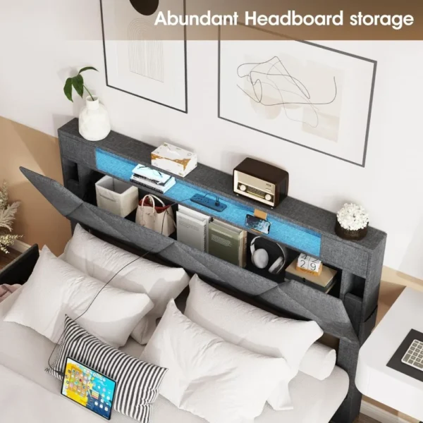 vabches full size bed frame with storage headboard and 4 drawers,upholstered platform with charging station and led lights,adjus 