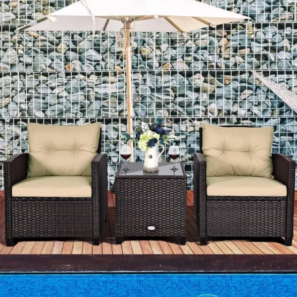 3 Pieces Patio Furniture Set PE Rattan Wicker Outdoor Sofa Set with Washable Cushion and Tempered Glass Tabletop Conversation 