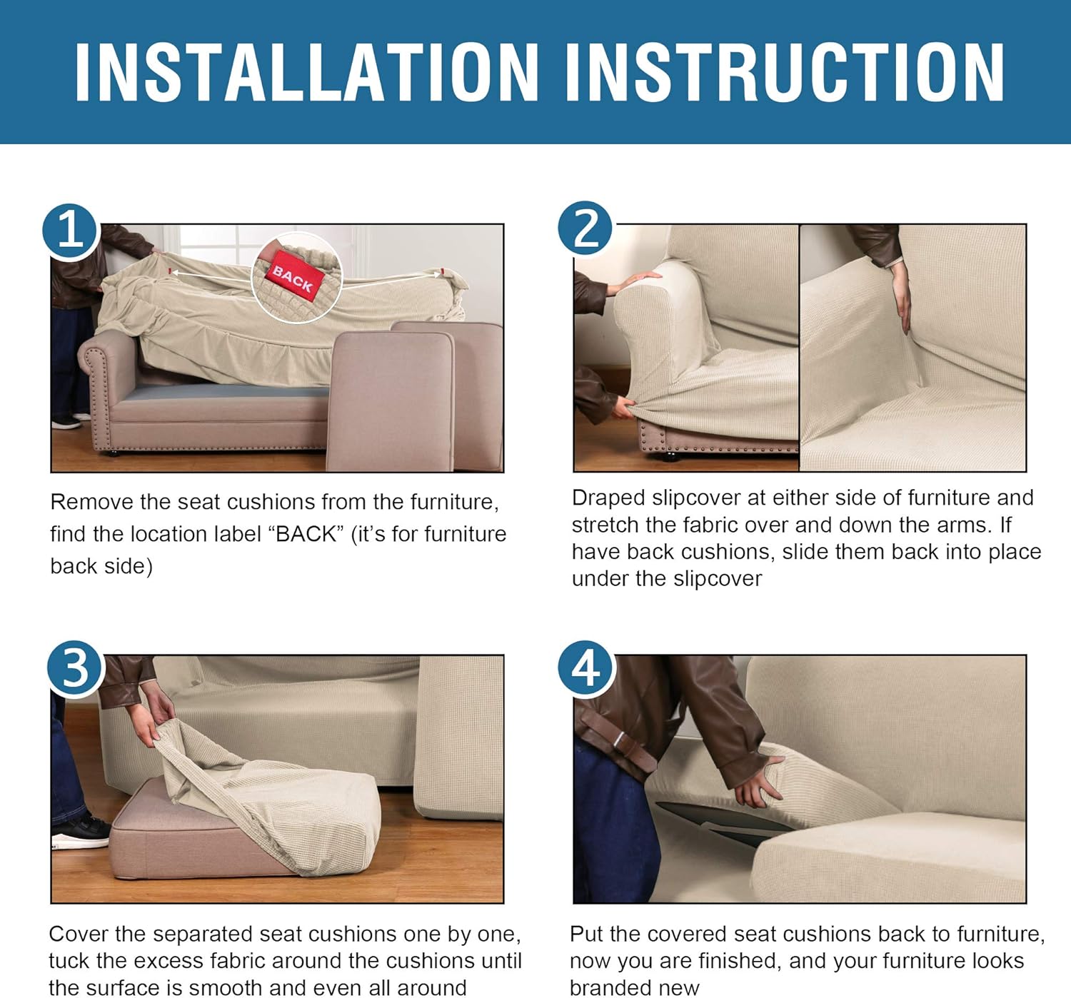  4 Piece Stretch Sofa Covers for 3 Cushion Couch Covers for Living Room Furniture Slipcovers (Base Cover Plus 3 Seat Cushion Covers) Upgraded Thicker Jacquard Fabric (Sofa, Loden Frost)