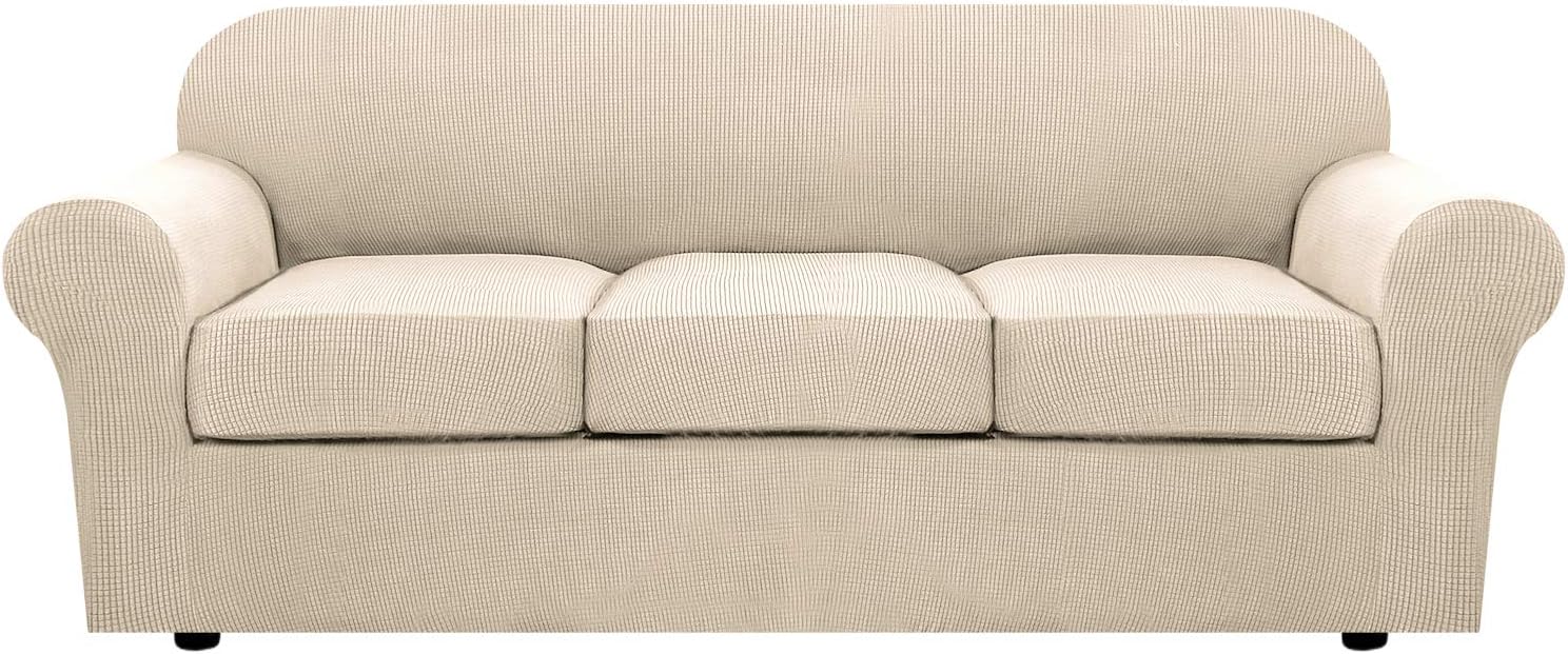  4 Piece Stretch Sofa Covers for 3 Cushion Couch Covers for Living Room Furniture Slipcovers (Base Cover Plus 3 Seat Cushion Covers) Upgraded Thicker Jacquard Fabric (Sofa, Loden Frost)